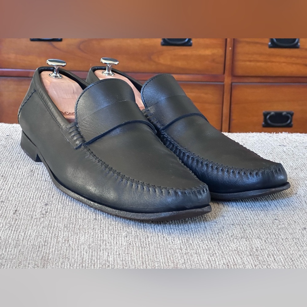 Santoni Black Leather Men’s Slip On Penny Loafers Size 13 D - Picture 2 of 15